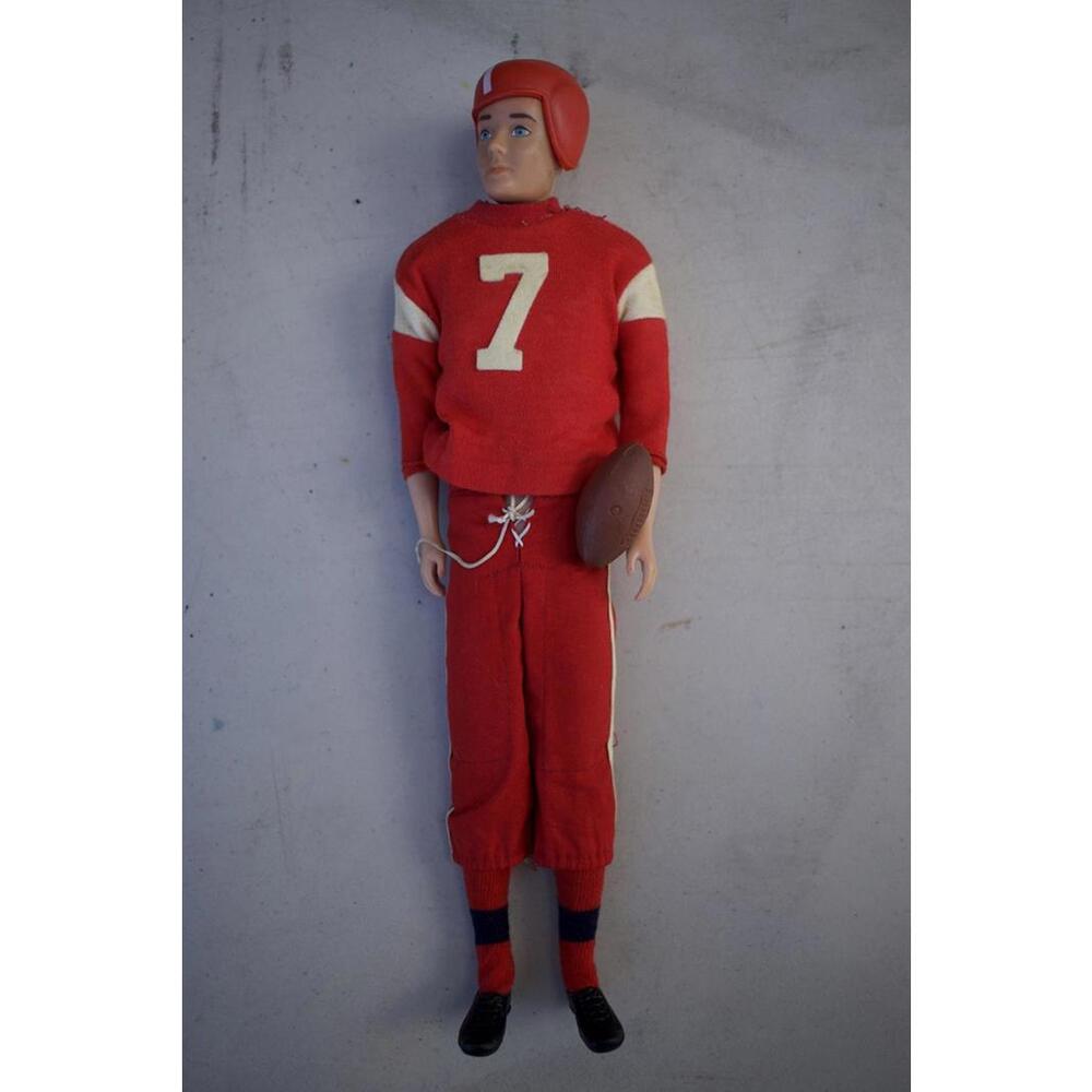 Vintage Ken Barbie Doll Red Football Player with Helmet and Ball